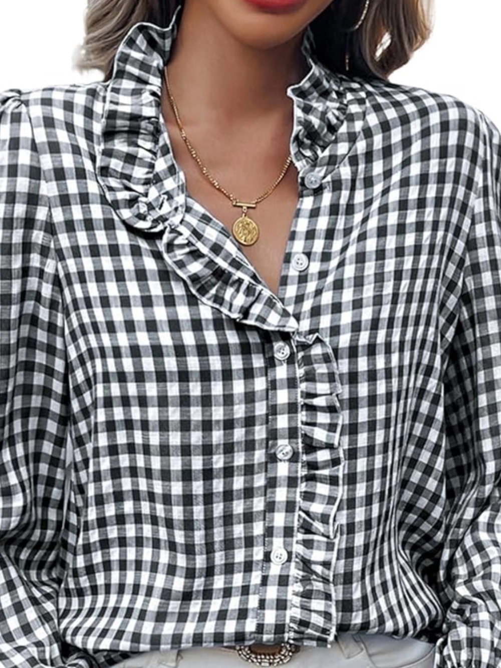 J.Crew Preppy Teacher Career Black White Gingham Ruffle Button-Front Blouse 14